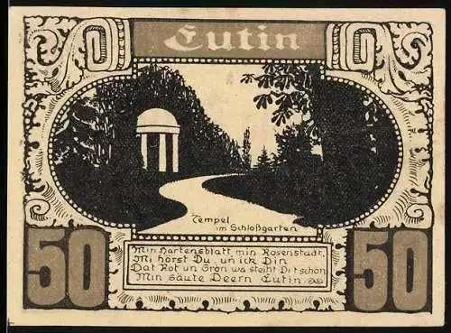 Notgeld Eutin, 50 Pfennig, Tempel im Schlossgarten, Wappen von Orten der Holsteinischen Schweiz