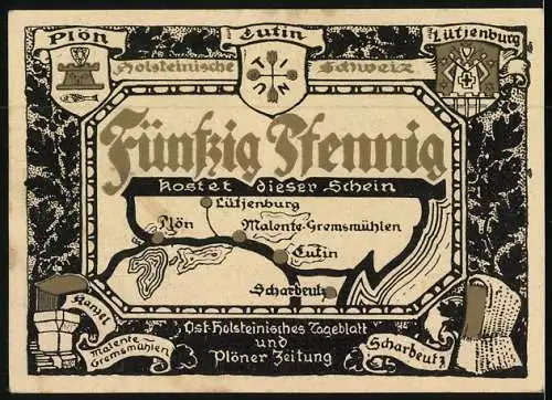 Notgeld Eutin, 50 Pfennig, Tempel im Schlossgarten, Wappen von Orten der Holsteinischen Schweiz