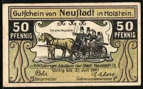 Notgeld Neustadt in Holstein 1921, 50 Pfennig, Die alten Neustädter in der Kutsche, Am Hafen
