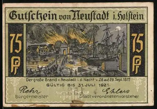 Notgeld Neustadt in Holstein 1921, 75 Pfennig, Der grosse Brand v. Neustadt 1817, Strassenpartie