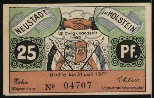 Notgeld Neustadt in Holstein 1921, 25 Pfennig, Christian I. 1460 und Wappen