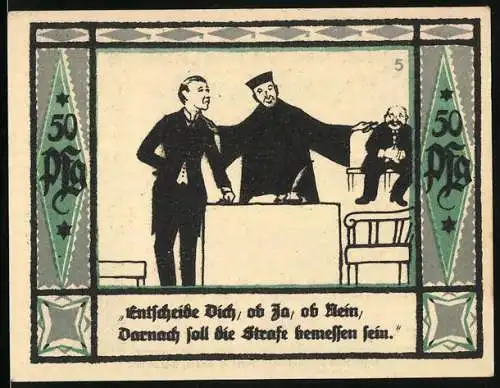 Notgeld Mülsen-St. Jakob 1921, 50 Pfennig, Löwen halten Krone, Strafe wird entschieden