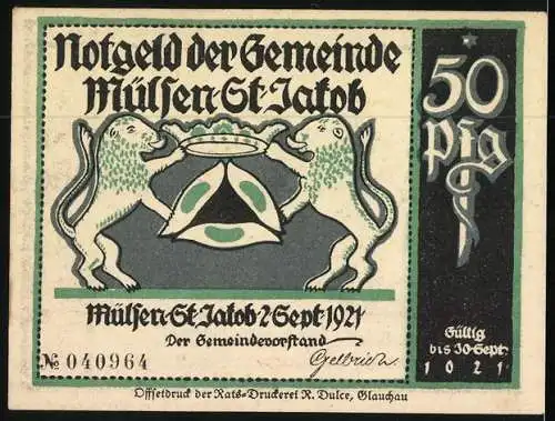 Notgeld Mülsen-St. Jakob 1921, 50 Pfennig, Löwen halten Krone, Strafe wird entschieden