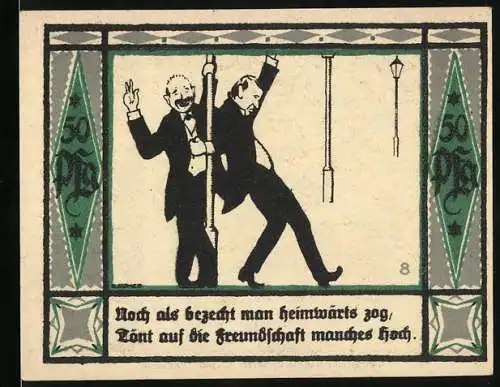 Notgeld Mülsen-St. Jakob 1921, 50 Pfennig, Zwei Männer im Frack feiern, zwei Löwen halten eine Krone
