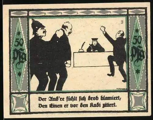 Notgeld Mülsen-St. Jakob 1921, 50 Pfennig, Übeltäter vom Polizist vor den Richter gebracht, zwei Löwen mit Krone