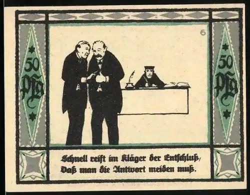 Notgeld Mülsen-St. Jakob 1921, 50 Pfennig, Entschluss beim Kläger, Antwort meiden, zwei Löwen mitd Krone
