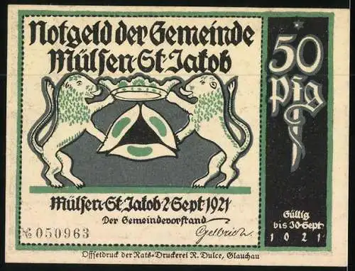 Notgeld Mülsen-St. Jakob 1921, 50 Pfennig, Entschluss beim Kläger, Antwort meiden, zwei Löwen mitd Krone