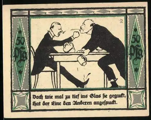 Notgeld Mülsen-St-Jakob 1921, 50 Pfennig, 2 Männer zu tief ins Glas geguckt, danach hat einer gespuckt, Löwen m. Krone