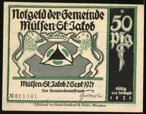 Notgeld Mülsen-St-Jakob 1921, 50 Pfennig, 2 Männer zu tief ins Glas geguckt, danach hat einer gespuckt, Löwen m. Krone