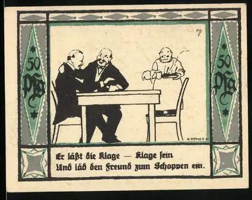 Notgeld Mülsen-St-Jakob 1921, 50 Pfennig, Er lässt die Klage-Klage sein u. läd den Freund z. Schoppen ein, Löwen m. Krone