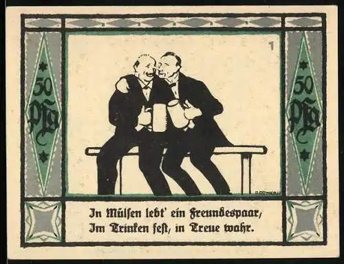 Notgeld Mülsen-St-Jakob 1921, 50 Pfennig, Freundespaar im Trinken fest, in Treue wahr. Löwen mit Krone