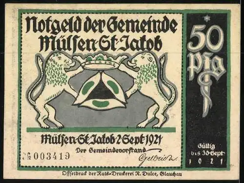 Notgeld Mülsen-St-Jakob 1921, 50 Pfennig, Freundespaar im Trinken fest, in Treue wahr. Löwen mit Krone