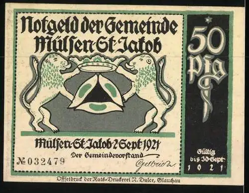 Notgeld Mülsen-St. Jakob 1921, 50 Pfennig, Kläger und Richter, Löwen mit Krone