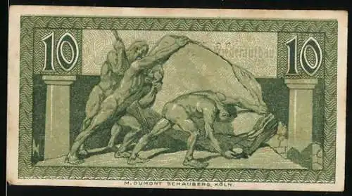 Notgeld Bonn 1920, 10 Pfennig, Drei Männer mit einem Riesenfels