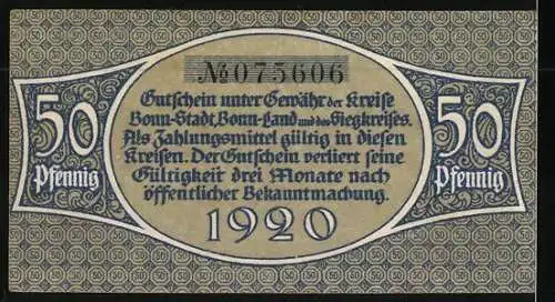 Notgeld Bonn 1920, 50 Pfennig, Drei Männer mit einem Riesenfels