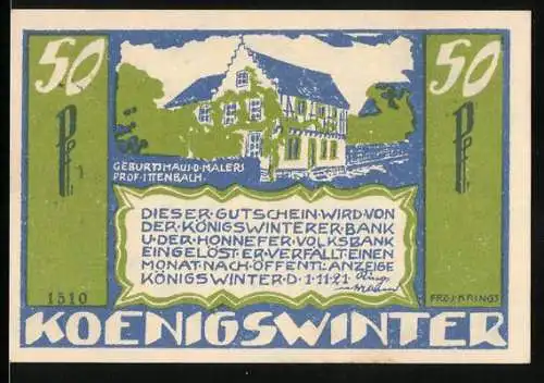 Notgeld Königswinter 1921, 50 Pfennig, Geburtshaus des Malers Prof. Ittenbach