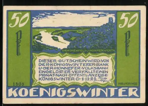 Notgeld Königswinter 1921, 50 Pfennig, Drachenfels und Nonnenwerth