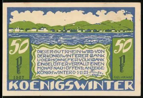 Notgeld Königswinter 1921, 50 Pfennig, Ortsansicht über den Rhein