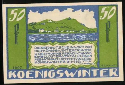 Notgeld Königswinter 1921, 50 Pfennig, Drachenburg und Drachenfels