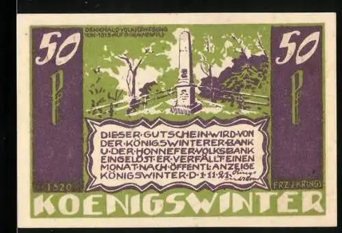 Notgeld Königswinter 1921, 50 Pfennig, Denkmal der Volkserhebung von 1813 auf dem Drachenfels
