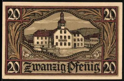 Notgeld Remda in Thür. 1921, 20 Pfennig, Ortspartie und Wappen