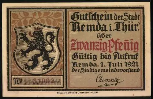 Notgeld Remda in Thür. 1921, 20 Pfennig, Ortspartie und Wappen