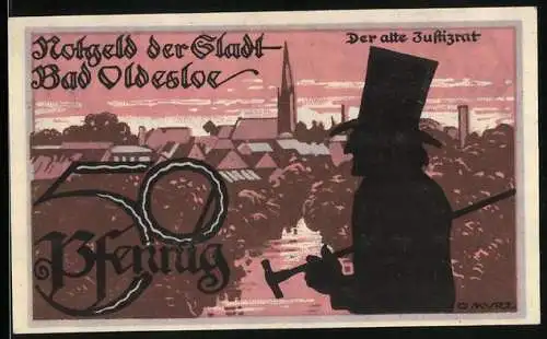 Notgeld Bad Oldesloe, 50 Pfennig, Ortsansicht mit altem Justizrat, Die historische Badewanne im Kurpark