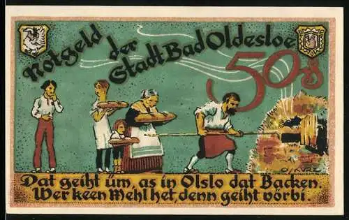 Notgeld Bad Oldesloe, 50 Pfennig, Leute beim Bäcker am Backofen, Sol-Moor Schwefel-Bäder