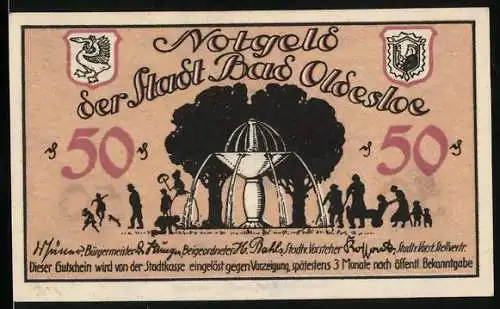 Notgeld Bad Oldesloe, 50 Pfennig, Springbrunnen, Wappen