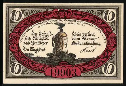 Notgeld Freienwalde i. Pomm.1919, 10 Pfennig, Denkmal und Wappen