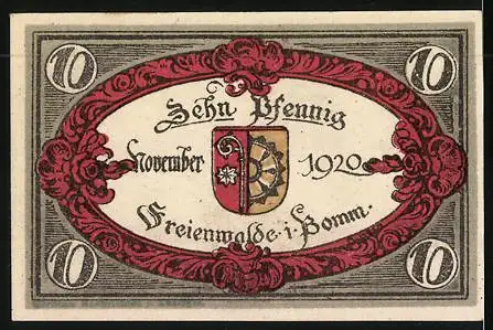 Notgeld Freienwalde i. Pomm.1919, 10 Pfennig, Denkmal und Wappen