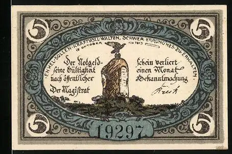 Notgeld Freienwalde i. Pomm.1919, 5 Pfennig, Denkmal und Wappen