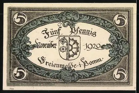 Notgeld Freienwalde i. Pomm.1919, 5 Pfennig, Denkmal und Wappen