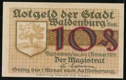 Notgeld Waldenburg in Schlesien 1920, 10 Pfennig, Arbeit ist die Quelle allen Reichtums, Wappen