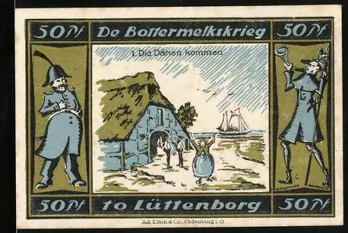 Notgeld Lütjenburg, 50 Pfennig, Stadtwappen, De Bottermelkskrieg, Die Dänen kommen