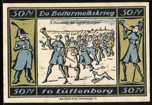 Notgeld Lütjenburg, 50 Pfennig, De Bottermelkskrieg, Auszug der Lütjenburger, Stadtwappen