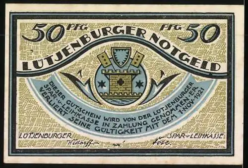 Notgeld Lütjenburg, 50 Pfennig, De Bottermelkskrieg, Auszug der Lütjenburger, Stadtwappen