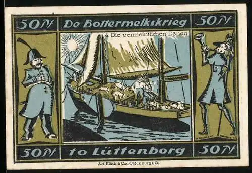 Notgeld Lütjenburg, 50 Pfennig, De Bottermelkskrieg, Die vermeintlichen Dänen, Stadtwappen
