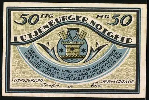Notgeld Lütjenburg, 50 Pfennig, De Bottermelkskrieg, Die vermeintlichen Dänen, Stadtwappen