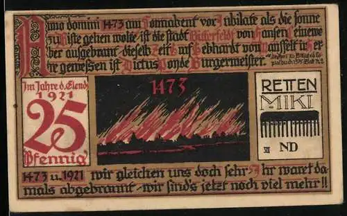 Notgeld Bitterfeld 1921, 25 Pfennig, Brand im Jahr 1473, Ortspartie 1921