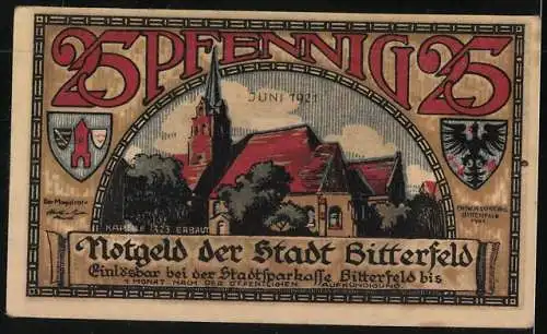 Notgeld Bitterfeld 1921, 25 Pfennig, Brand im Jahr 1473, Ortspartie 1921