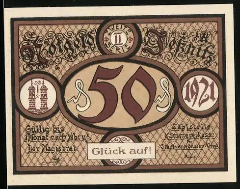 Notgeld Jessnitz 1921, 50 Pfennig, Wappen, Blick zum Rathaus