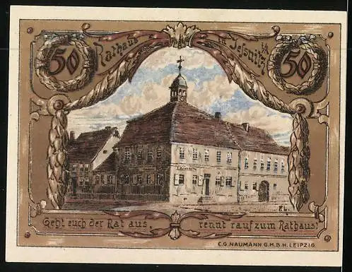 Notgeld Jessnitz 1921, 50 Pfennig, Wappen, Blick zum Rathaus