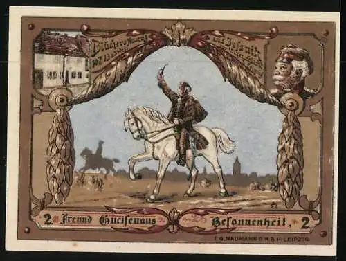 Notgeld Jessnitz 1921, 50 Pfennig, Wappen, Blick zum Rathaus, Freunde zu Pferde