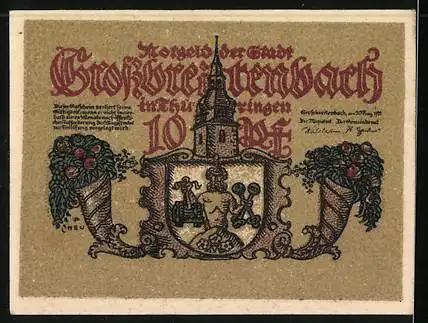 Notgeld Grossbreitenbach 1921, 10 Pfennig, Bürgerschule, Wappen