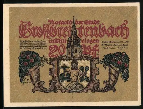 Notgeld Grossbreitenbach 1921, 20 Pfennig, Wappen, Händler und Schwein unter einer Glocke
