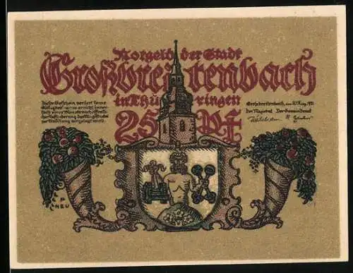 Notgeld Grossbreitenbach 1921, 25 Pfennig, Wappen, Mann in der Gaststube wird von Frau bedient