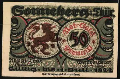 Notgeld Sonneberg i. Thür. 1922, 50 Pfennig, Revolution im Musterzimmer, Wappen