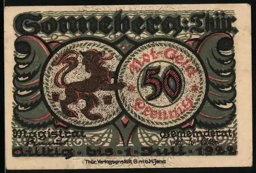 Notgeld Sonneberg i. Thür. 1922, 50 Pfennig, Wappen, Gulliver mit Spielzeug Spiel im Musterzimmer