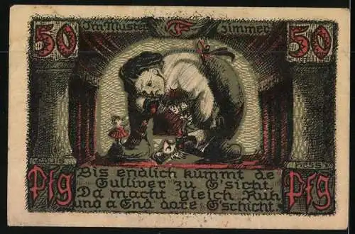 Notgeld Sonneberg i. Thür. 1922, 50 Pfennig, Wappen, Gulliver mit Spielzeug Spiel im Musterzimmer
